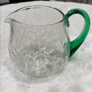 Blenko Large Hand Blown Crackle Glass Pitcher w Green Handle Mid Century Modern